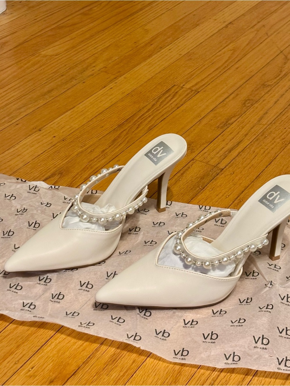DV by Dolce Vita Ivory Pearl-Embellished Pointed Mule Heels